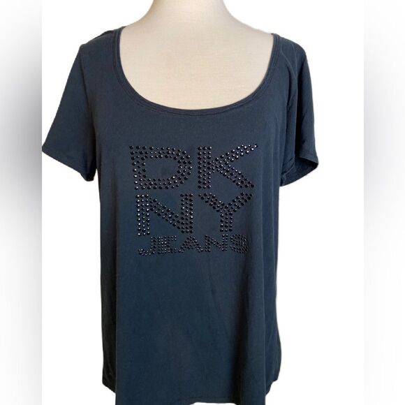#121 Vintage DKNY Washed Black Stud Logo Tee Shirt - Picture 1 of 7